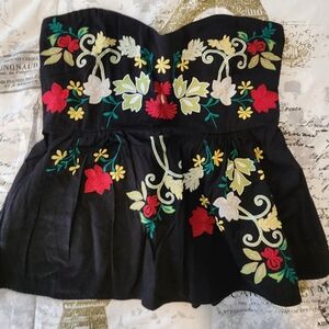 Floral Embroidered Black Strapless Top